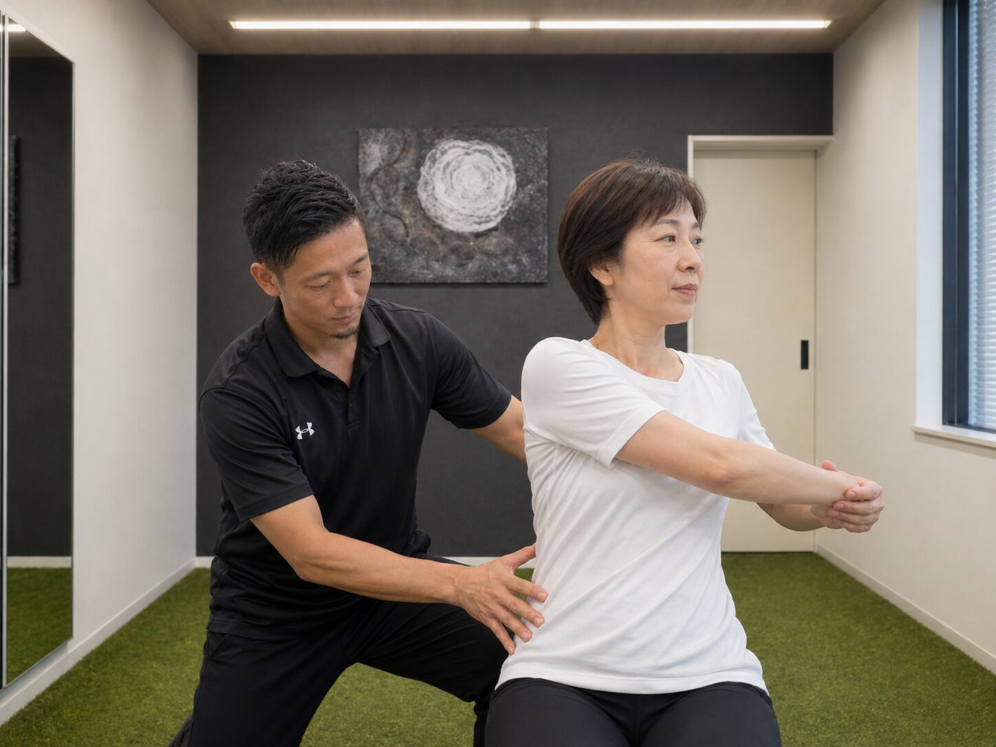 男性トレーナーが50代女性の姿勢や身体機能を確認しているイメージ