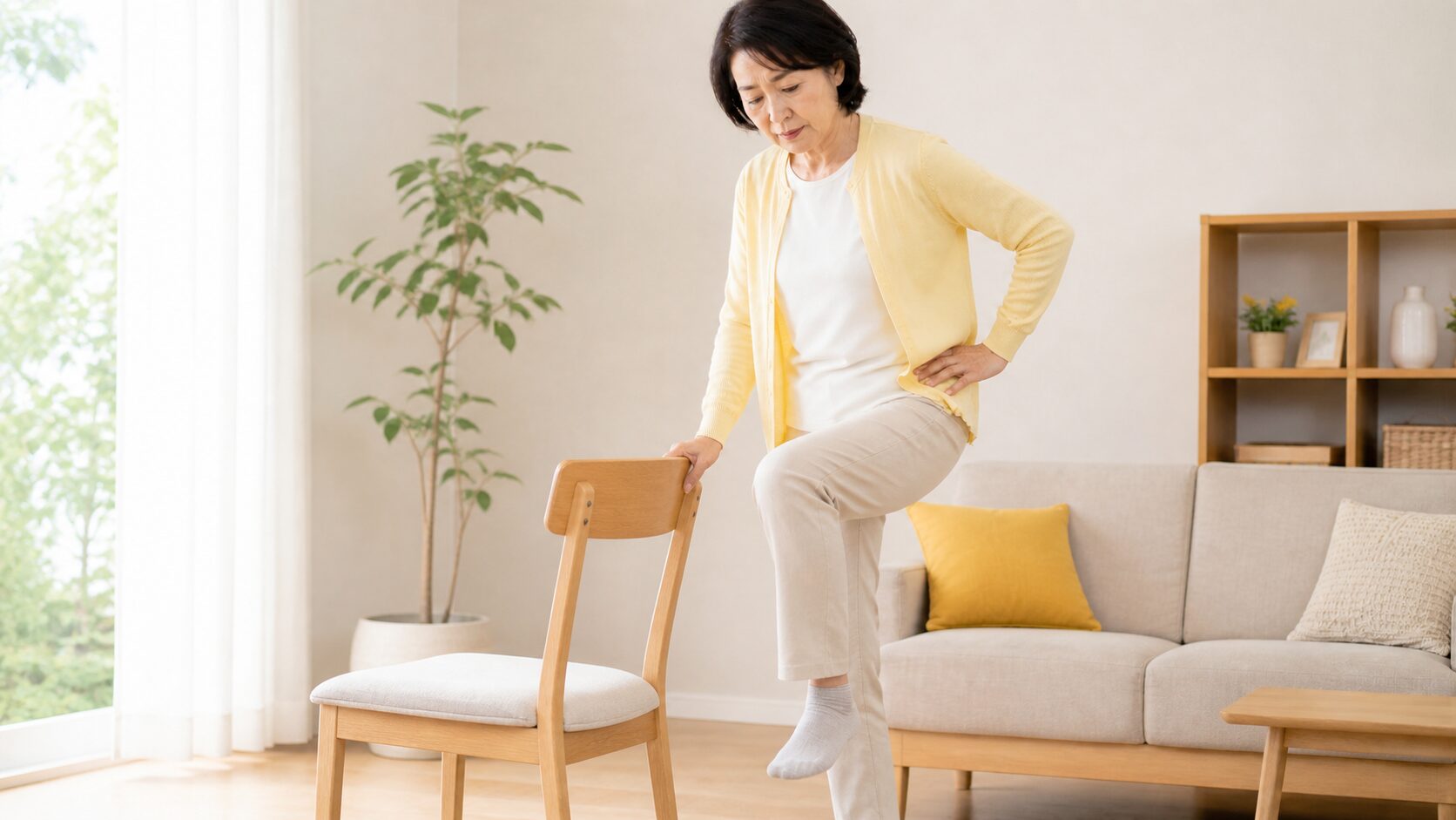 椅子を使って片脚バランスを確認する50代女性のイメージ