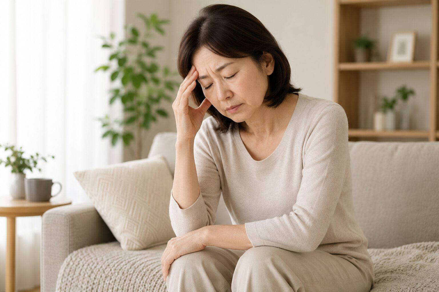 眠れない、疲れやすい、身体の不調を感じる50代女性のイメージ