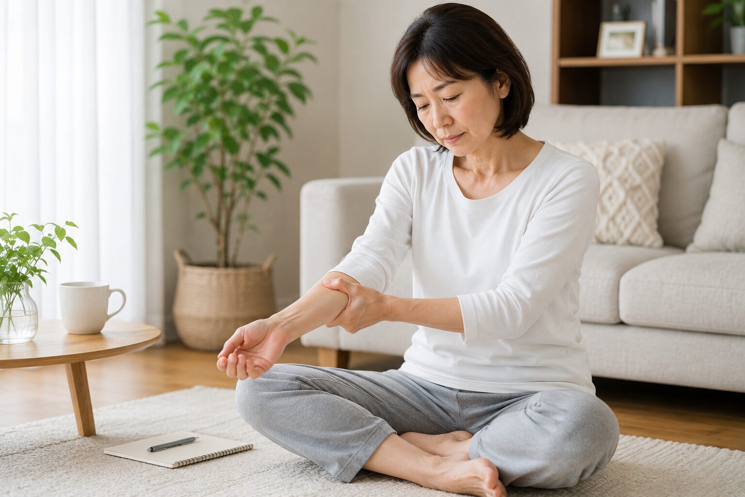 自宅で身体の状態を確認する50代女性のイメージ