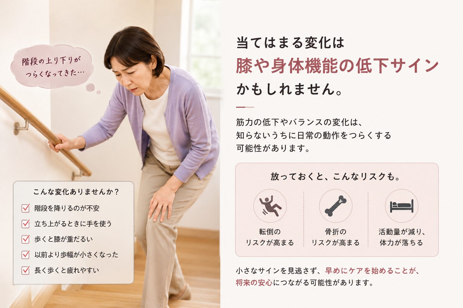 階段がつらい女性と膝の不安のイメージ